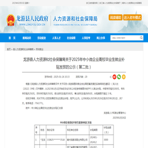 龙游县人力资源和社会保障局关于2025年中小微企业高校毕业生就业补贴发放的公示（第二批）